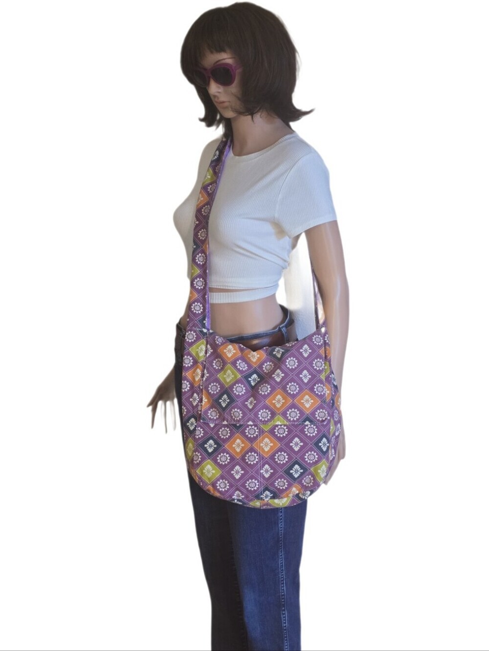 VTG Purple Floral Geometric Hobo Sling Bag TVD Caroline Forbes Wardrobe Match!